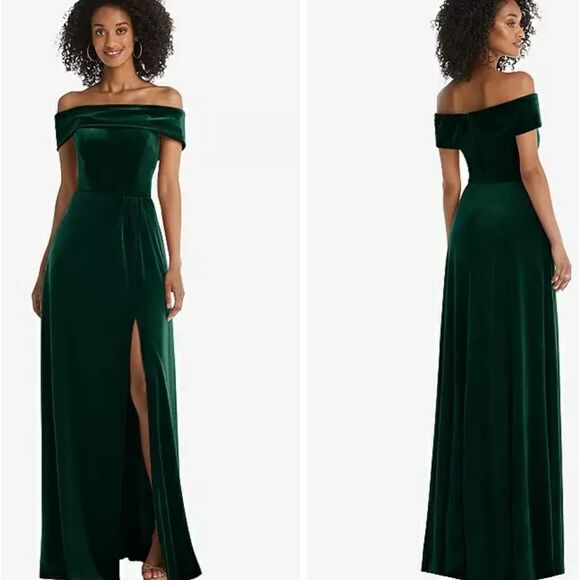 NWT After Six Draped Cuff Off-the-Shoulder Velvet Maxi Dress Pockets Evergreen 8 - Picture 1 of 15
